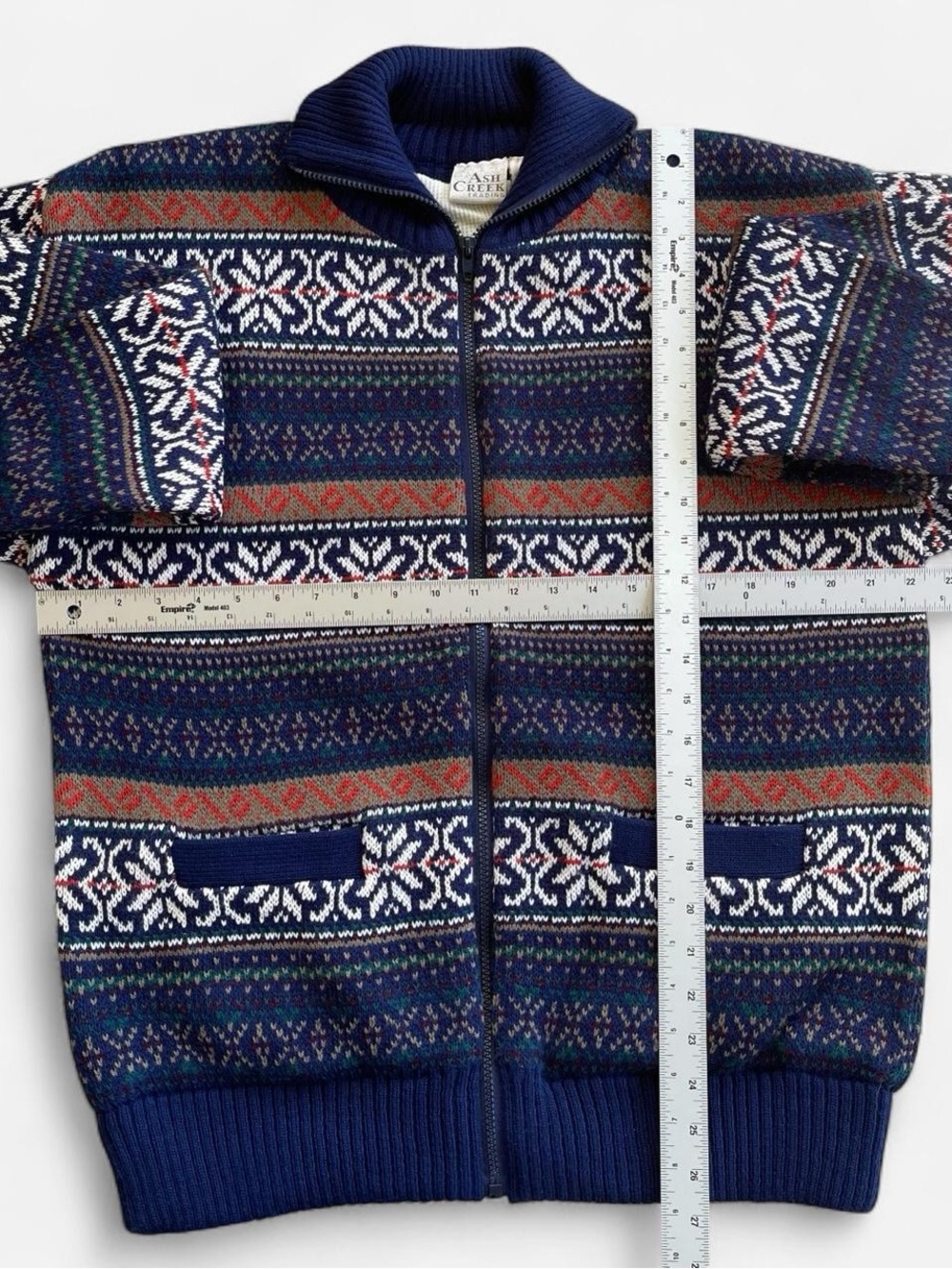 Vintage 90s Ash Creek Trading Sweater Jacket Full Zip Blue Snowflake Fair Isle L - Picture 5 of 7